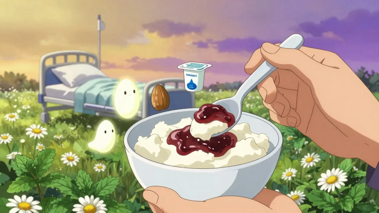 A hand holding cottage cheese and jam with tiny food guardian spirits, surrounded by calming herbal motifs.