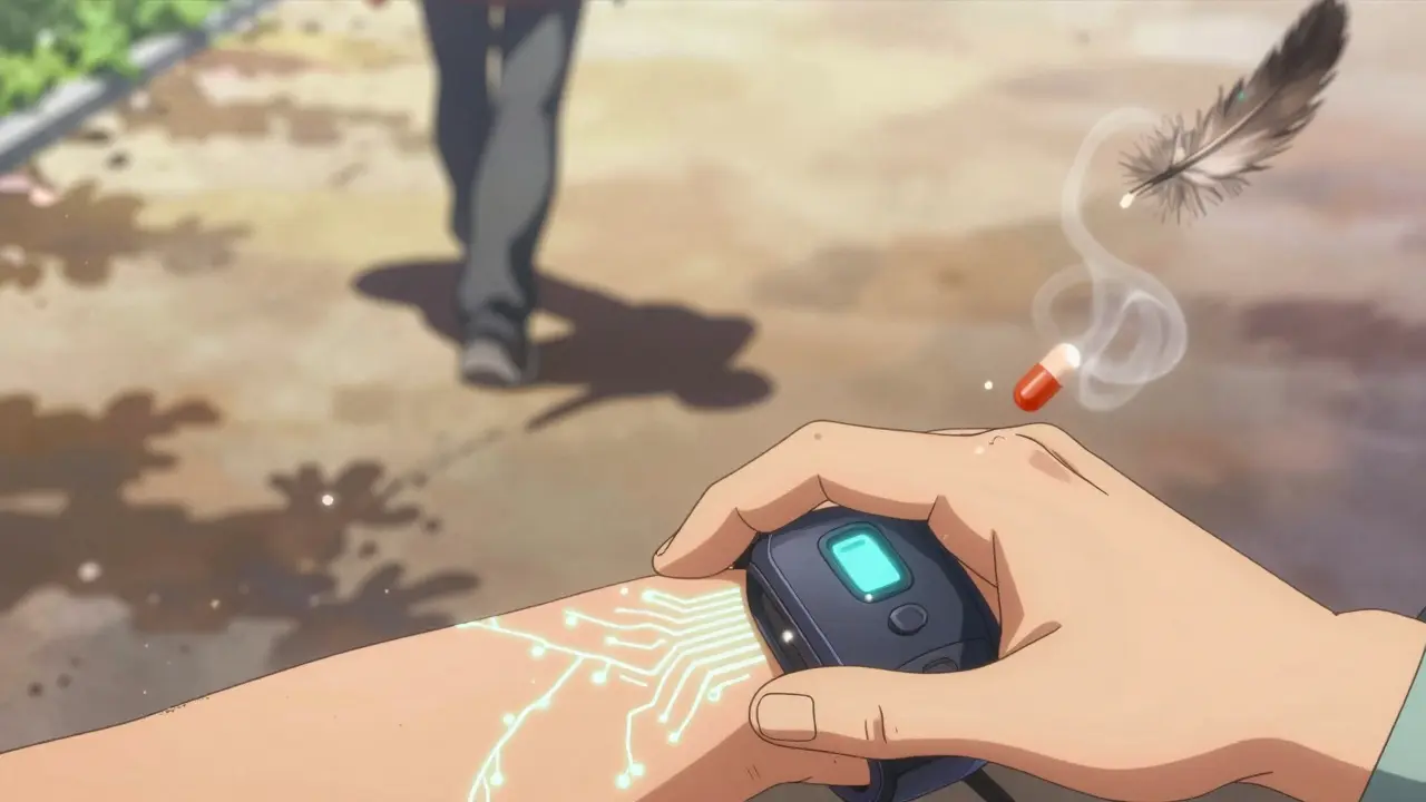 A hand wearing a glowing wearable device, with a person walking confidently in the distance, as petals drift around them in a symbolic journey of reclaiming life.