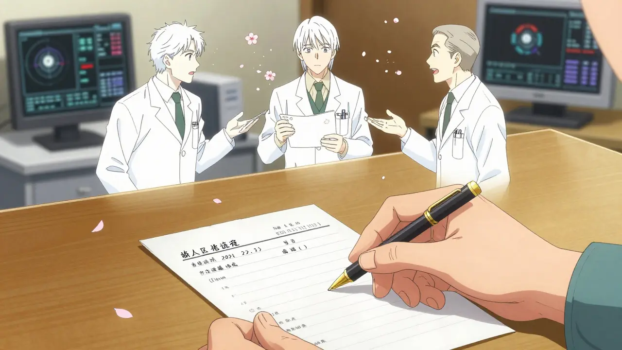 A handwritten medication list rests on a desk while spectral doctors argue above it, dissolving into petals.