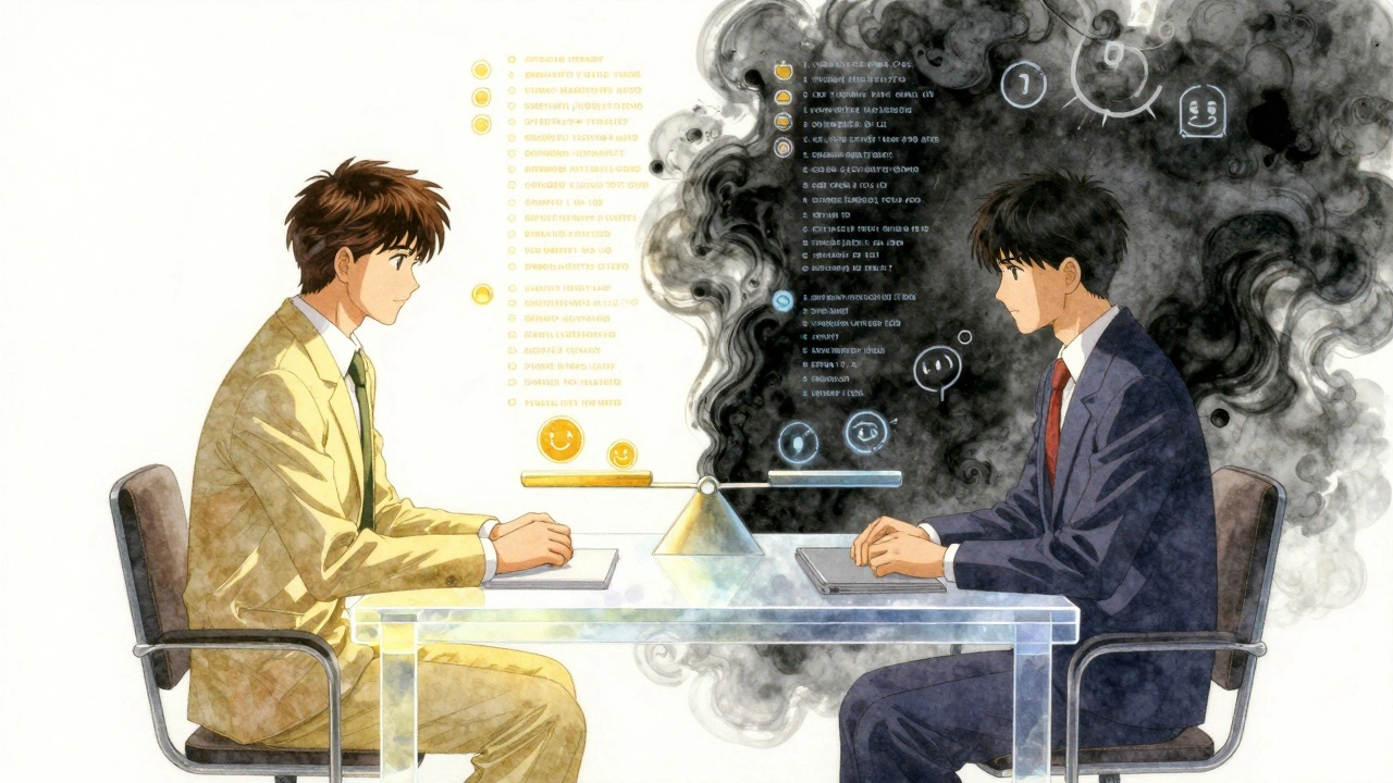 A manager and employee at a table of data streams, one side glowing with balance, the other drowning in smoke.