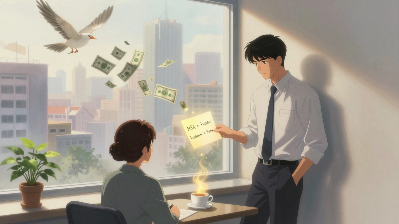 A manager gives a glowing note to an employee, with financial peace symbols floating in a calm, surreal office.