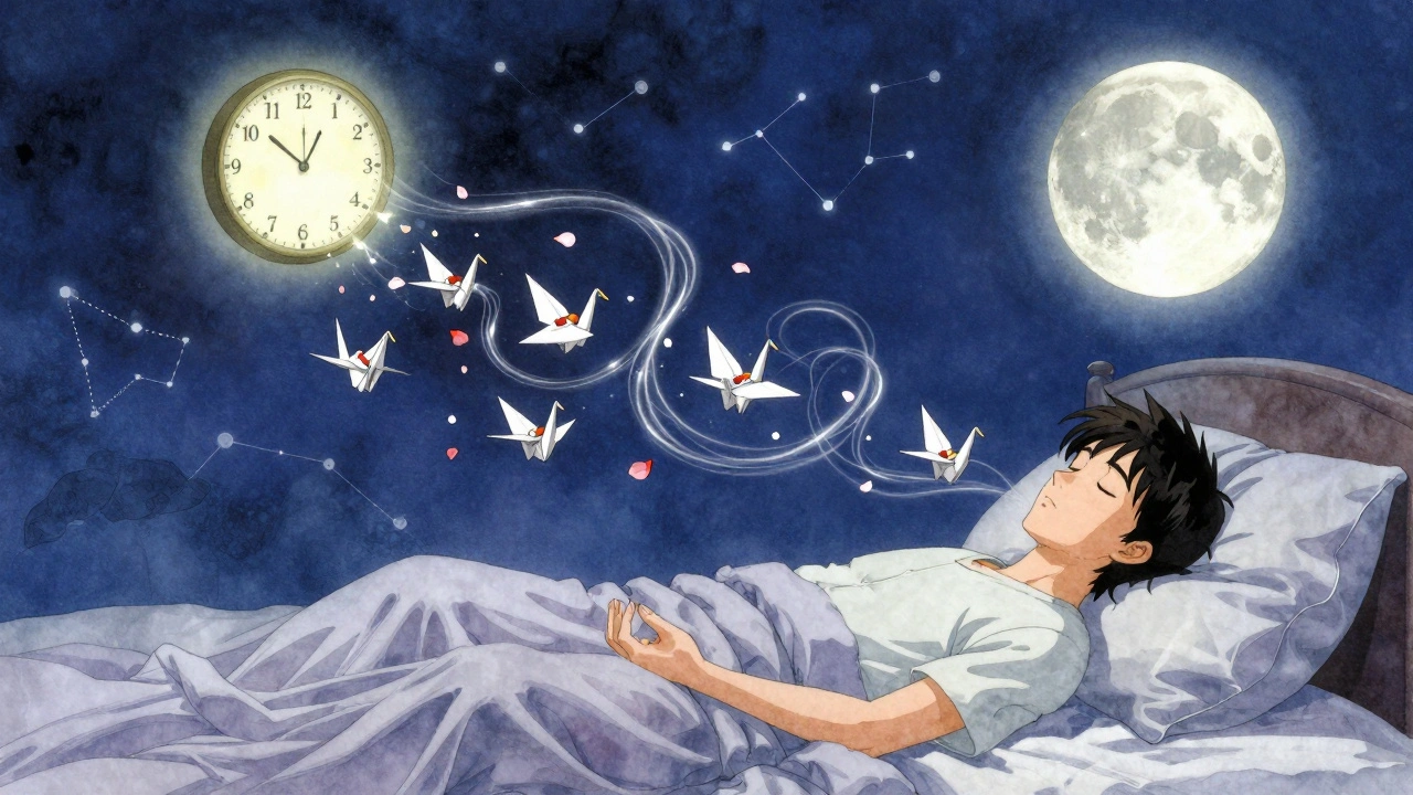 A meditating person in moonlight, breath as silver threads merging with clock and moon, prescription cranes dissolving.
