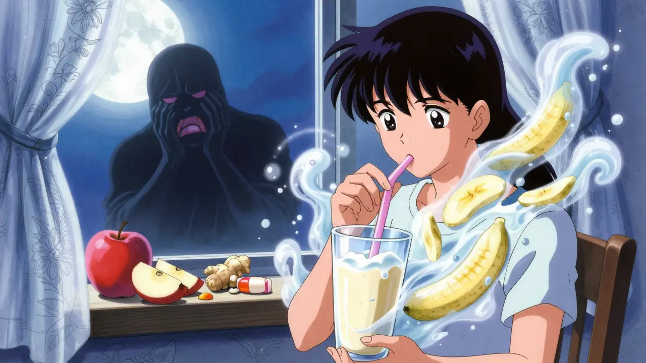 A patient drinking a protein shake as spectral food spirits rise around them, with nausea repelled by cold snacks.