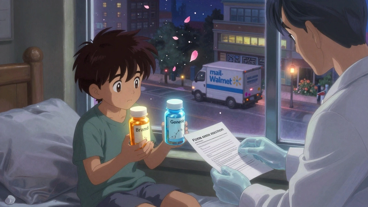 A patient holding brand and generic pill bottles as a doctor&#039;s hand places an exception letter, with mail-order trucks and pharmacies glowing softly outside.
