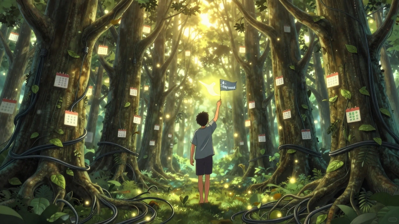 A person walking through a forest of digital trees, reaching toward a bird carrying a 4-day week flag.