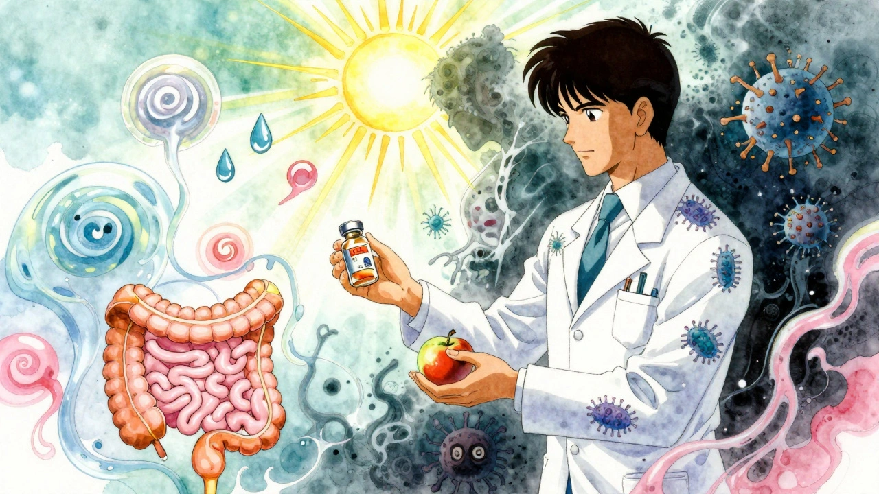 A pharmacist gives a patient probiotics and an apple, surrounded by symbols of gut health.
