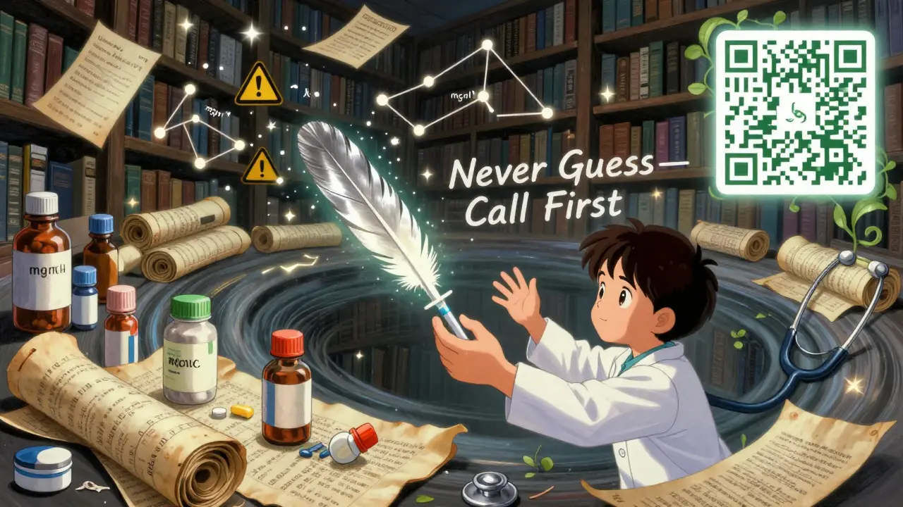 A pharmacist offers a feather-shaped syringe to a child, surrounded by floating medicine labels and a glowing QR code.