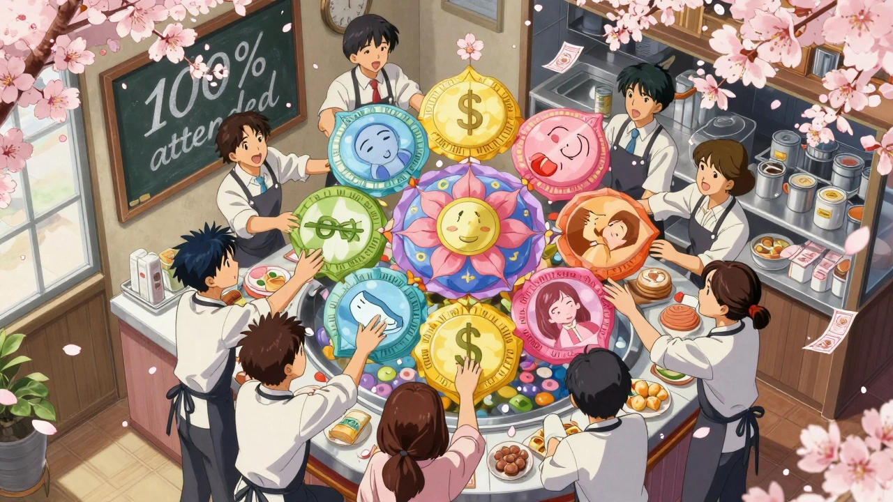 A seven-dimensional mandala hovers above a bakery, each petal representing wellness areas with symbolic blooms.