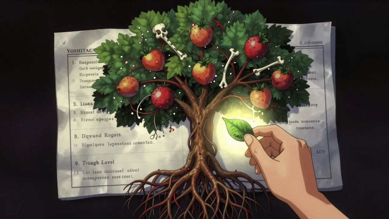 A surreal medical tree with side effect fruits, a hand reaching for a leaf labeled 'Trough Level' under a starry sky.