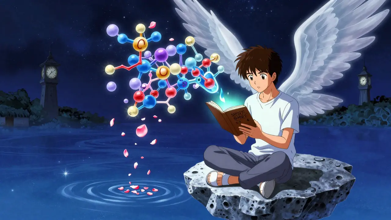 A teen holding a glowing journal as molecular wings hover behind, petals falling into a starry river.