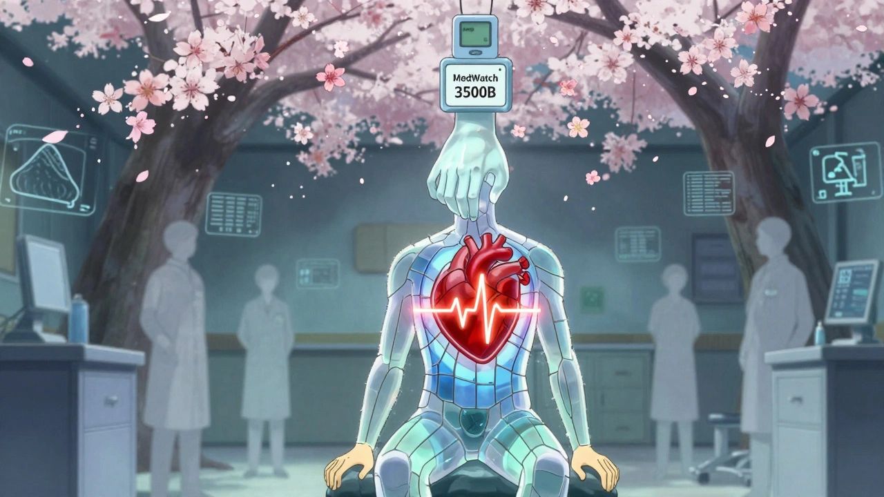 A translucent patient with a flickering heart rhythm, reaching toward a MedWatch form as spectral figures drift like blossoms.
