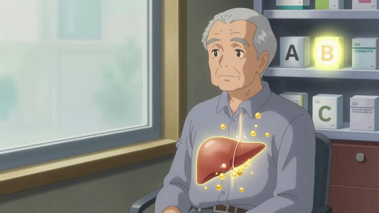 An elderly patient with translucent body revealing free phenytoin molecules and low albumin, while generic pill labels emit uneven auras.