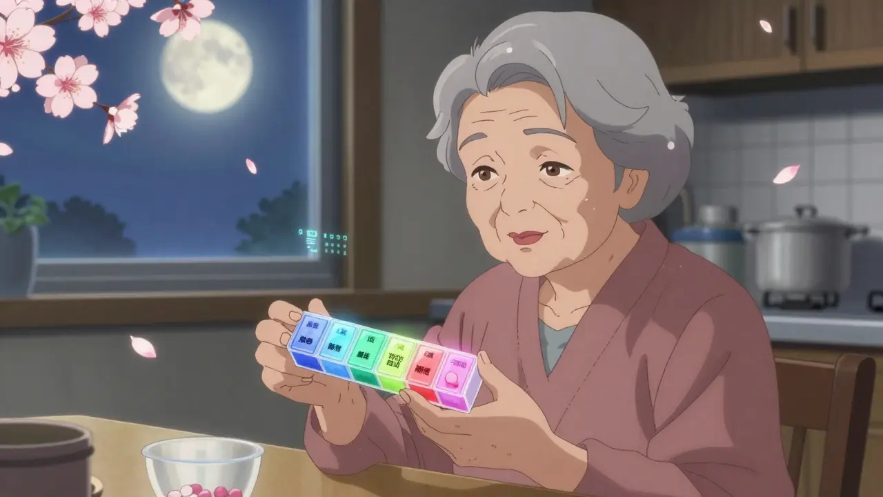 An elderly woman holds a glowing pill organizer with colored auras, cherry blossoms falling as soft moonlight illuminates her kitchen.