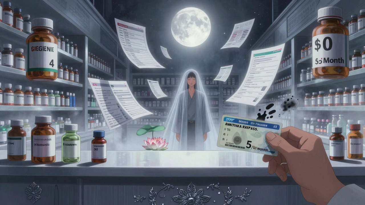 An endless pharmacy counter with floating drug prices, cash and insurance cards, and healing lotus blooms surrounding a lone figure under moonlight.