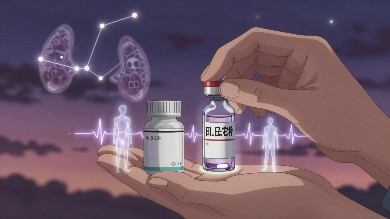 Brand-name insulin vial beside generic pill, glowing with auroras, surrounded by biological symbols in twilight.