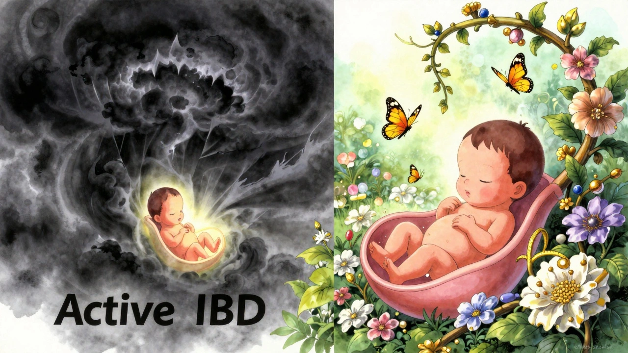 Contrasting scenes of active IBD threat versus safe medications nurturing a healthy pregnancy.