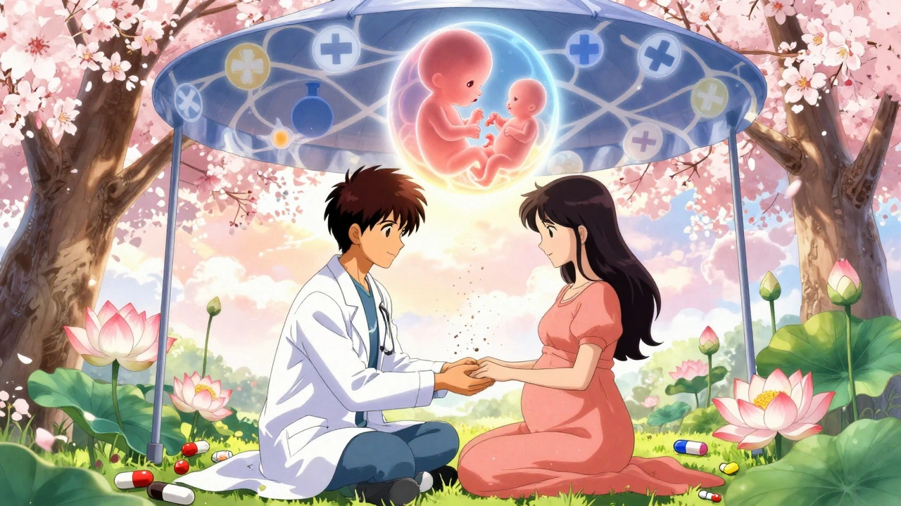 Doctor and mother holding hands with safe meds blooming around them, unsafe pills turning to ash.