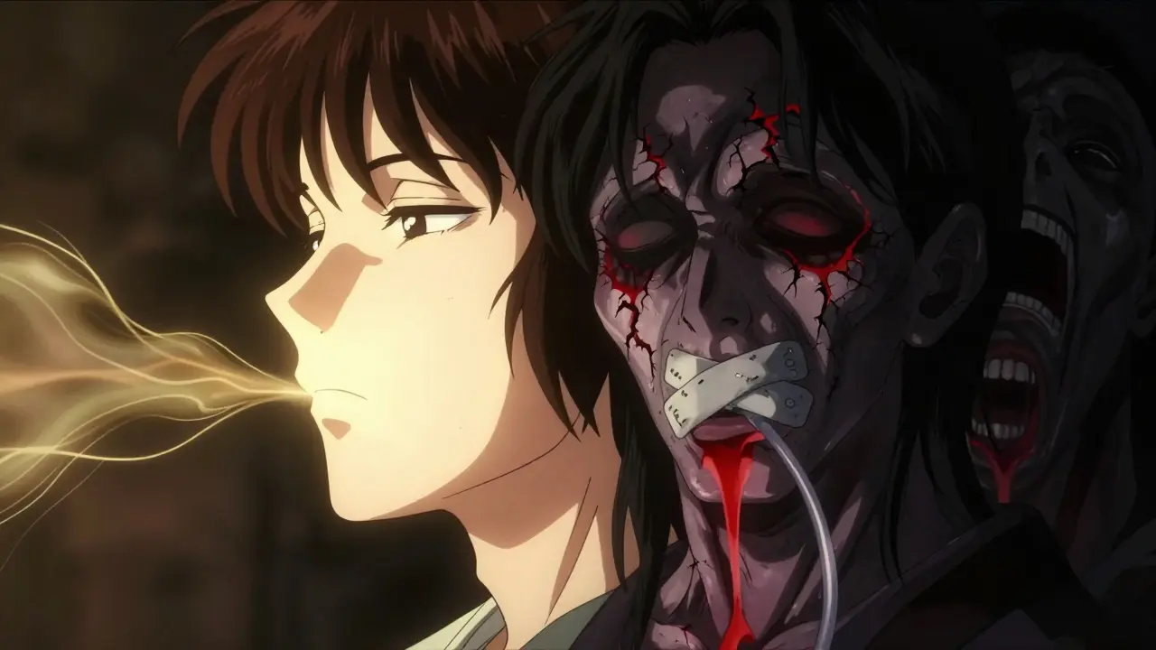 Dual portrait: one side serene with nasal breath, the other distorted with dark cracks and screaming shadows.