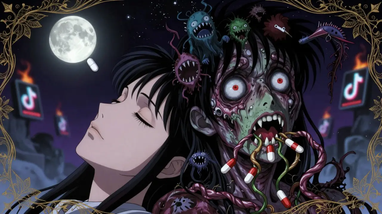 Dual portrait: peaceful face beside a terrified one, floating pills and monsters, gold leaf details framing the contrast.