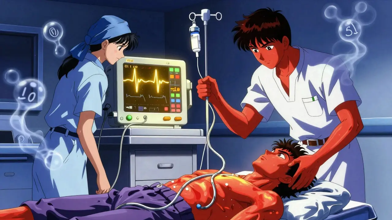 Emergency staff treating a patient in ER, EKG monitor glowing with abnormal waves, catheter tube winding like a vine.