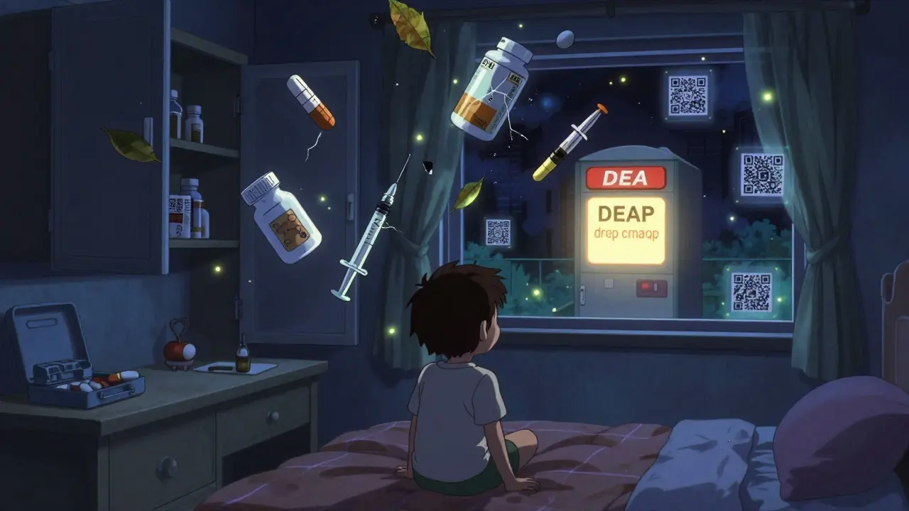 Expired pediatric medications float like leaves in a child's bedroom, with a glowing disposal kiosk visible through the window.