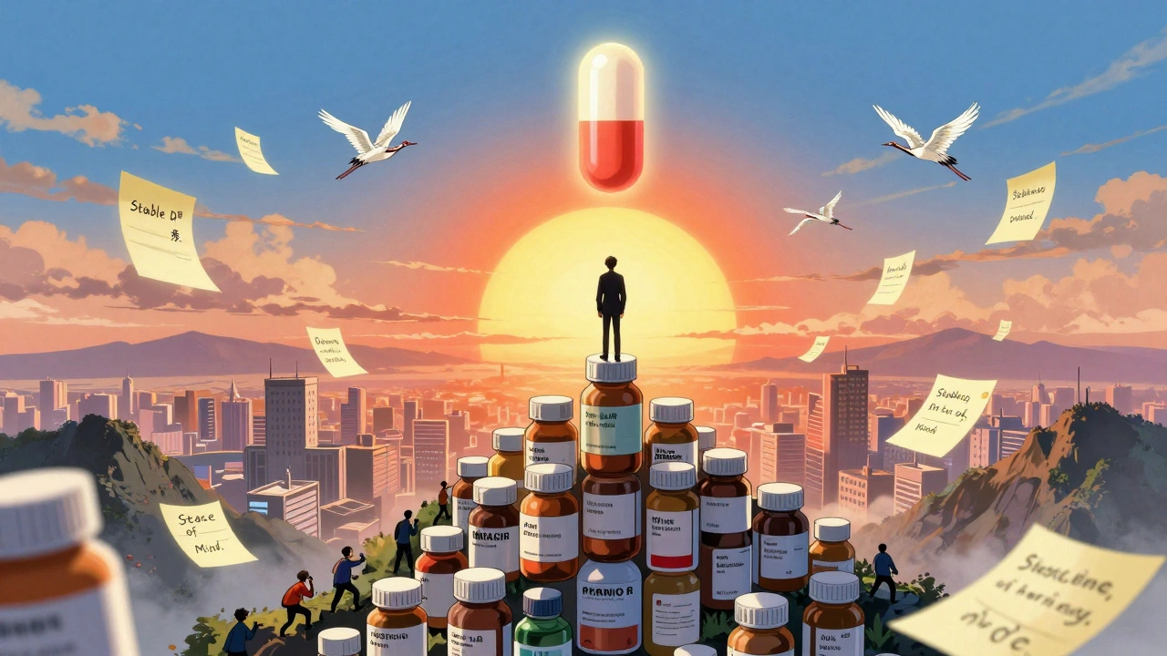 Figure atop a mountain of pill bottles, watching a glowing pill rise over a city of prescription labels.