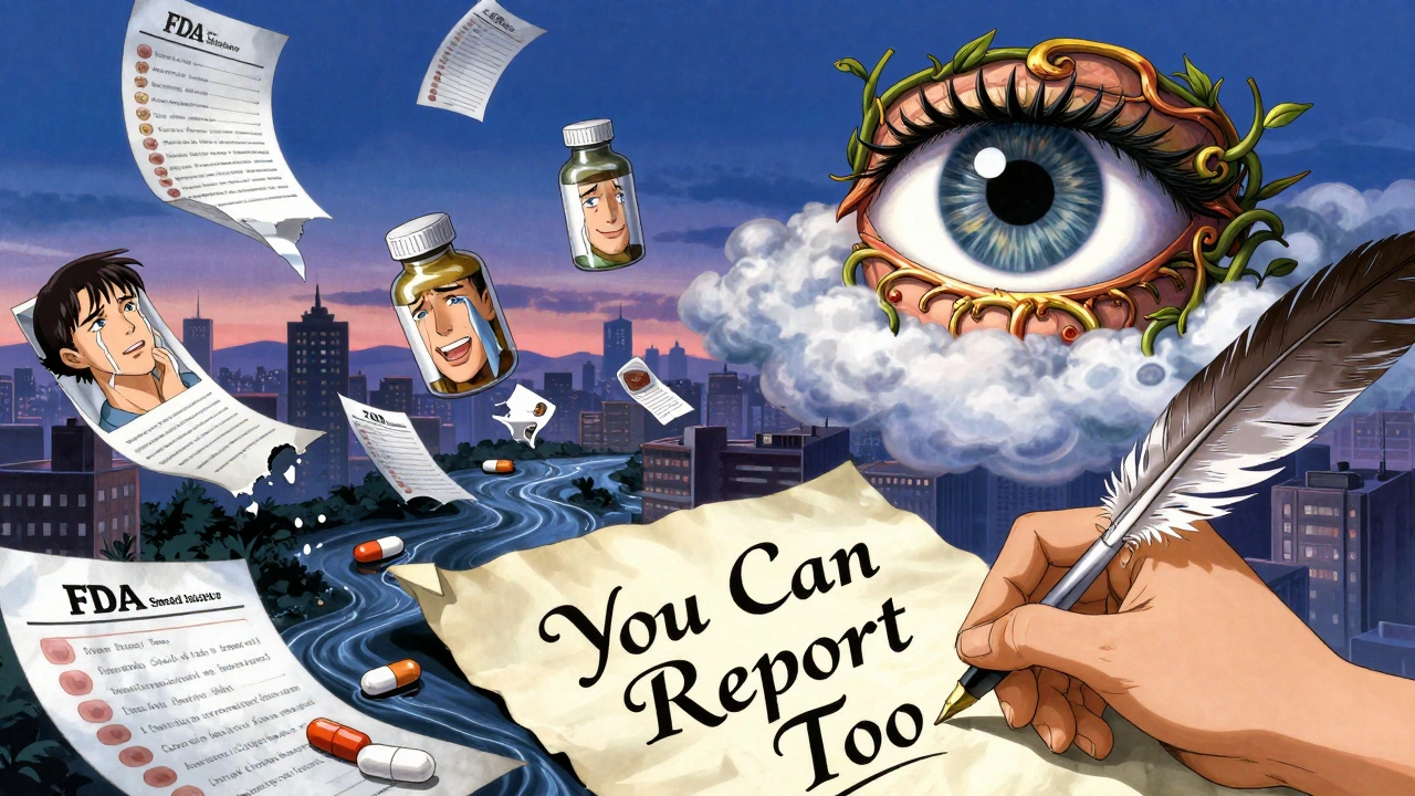 Floating medical charts and pill bottles transform into patient faces under a giant ornate eye, symbolizing FDA monitoring.