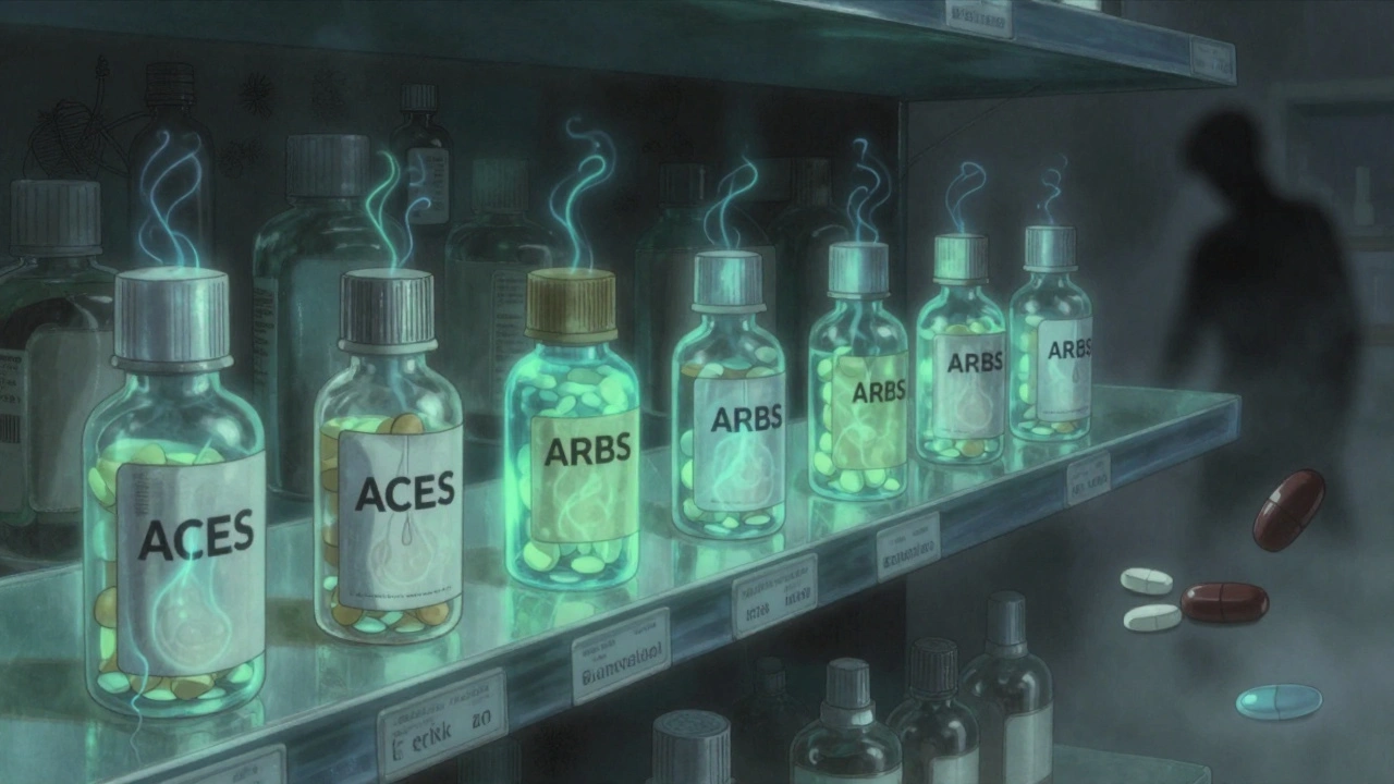 Generic combination pills glow on a mystical pharmacy shelf, with fading individual pills in the background.