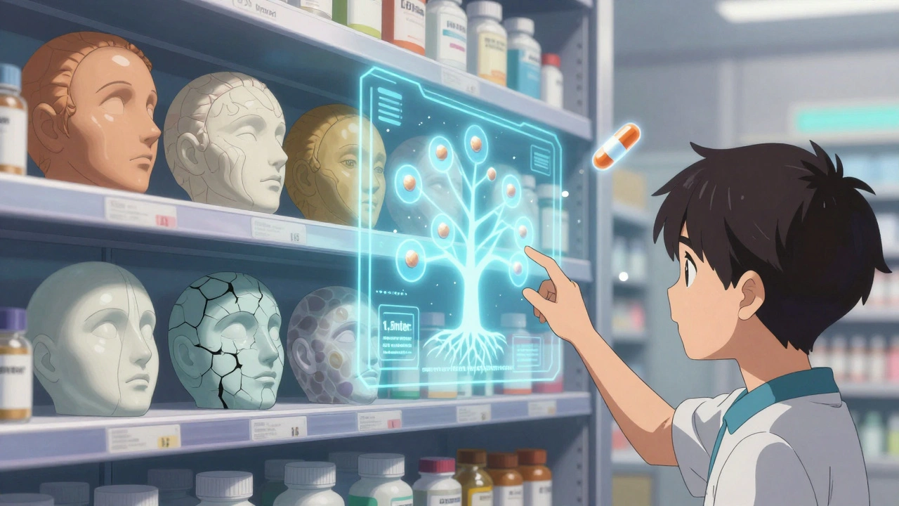 Generic pills with faces on a shelf, DDInter interface projecting a tree of hidden drug interactions.