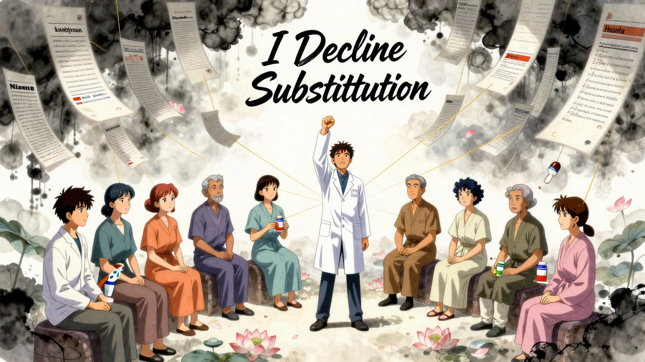 Group of patients holding medications under floating prescriptions, golden threads connecting them to a raised fist.