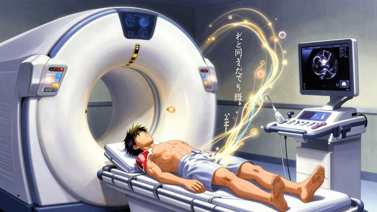 MRI and ultrasound imaging visualized as glowing holograms and ripples above a patient’s shoulder.