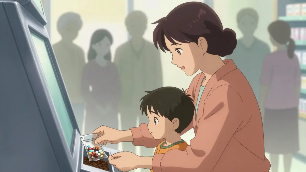 Parent and child depositing expired meds into a pharmacy kiosk, surrounded by fading figures of caregivers.