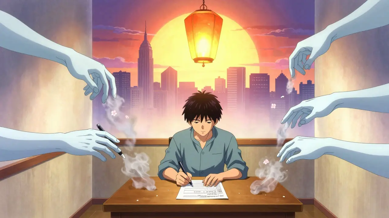 Patient filling out financing form alone as ghostly hands dissolve, symbolizing autonomy.