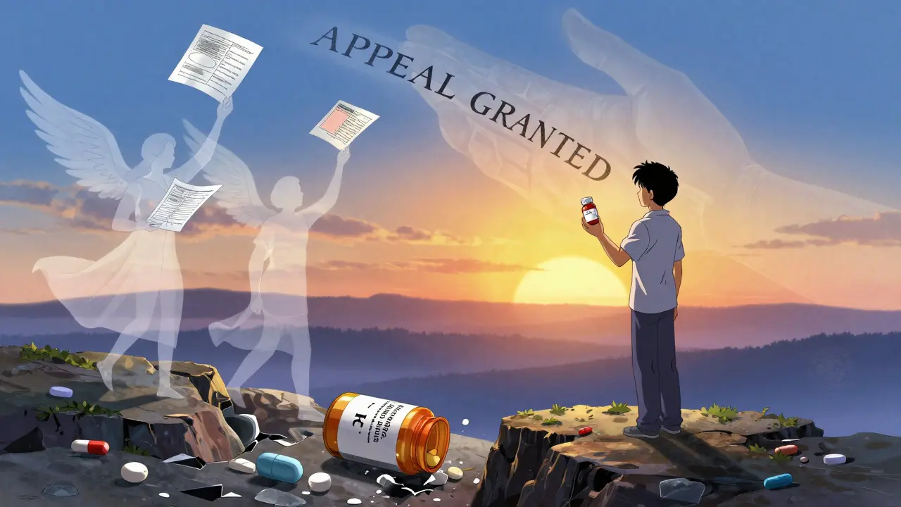 Patient on cliff holding brand-name pill as shattered generics lie below, with others’ medical records blooming into wings.