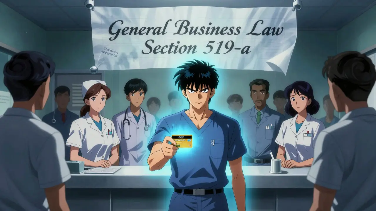 Patient refusing to give credit card in ER as staff hover nearby, protected by a legal aura.