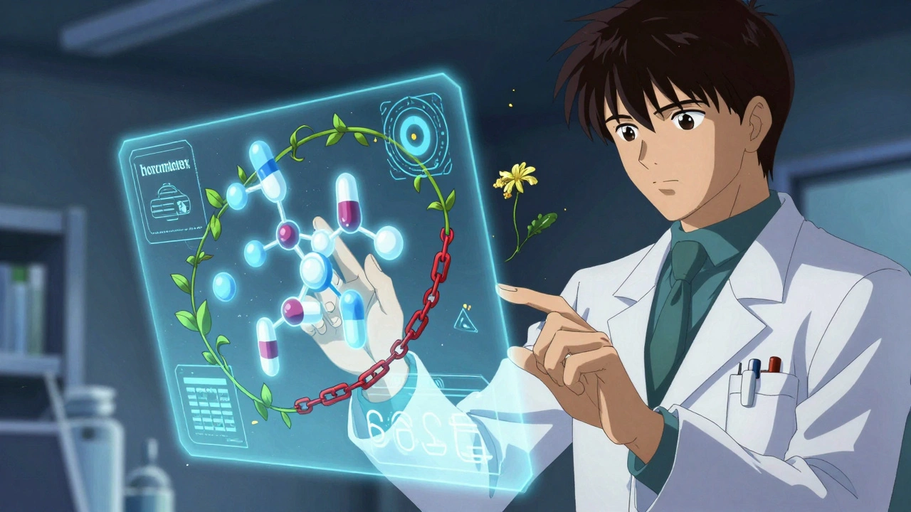 Pharmacist interacting with holographic drug molecules, warning chains and safe vines in ethereal light.