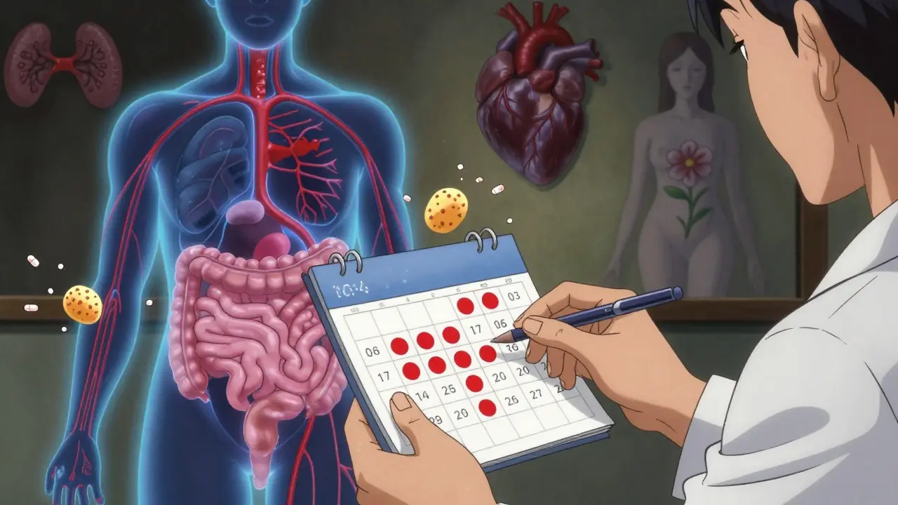Pharmacist organizing medication schedule with glowing internal body pathways and symbolic health icons in anime style.