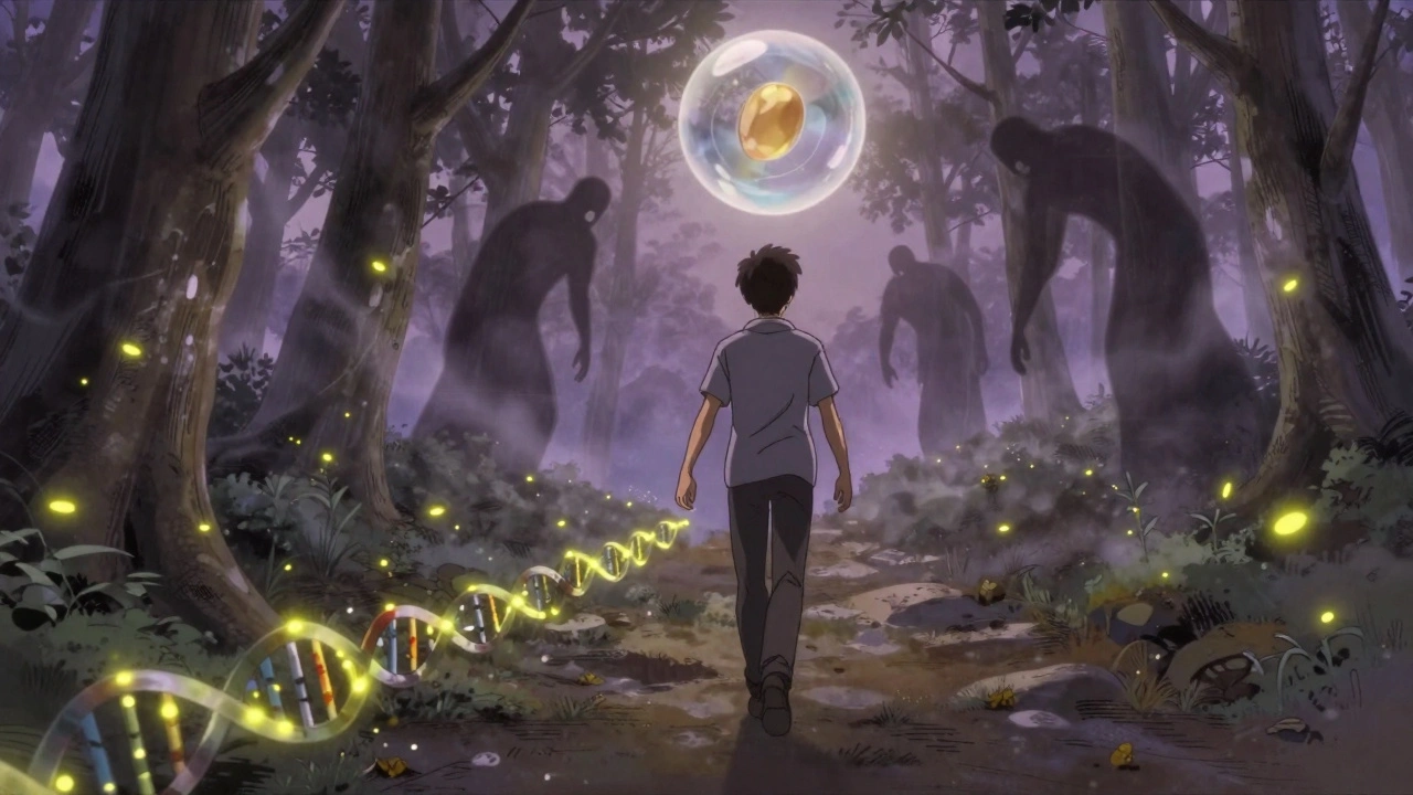 Someone walking at twilight with firefly-like lights trailing, symbolizing reduced muscle pain from exercise.