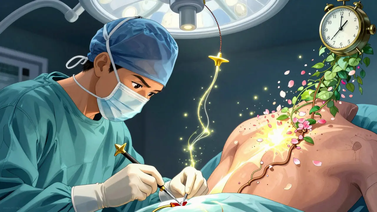 Surgeon repairing a shoulder tendon with glowing sutures and anchors amid floating petals of recovery.