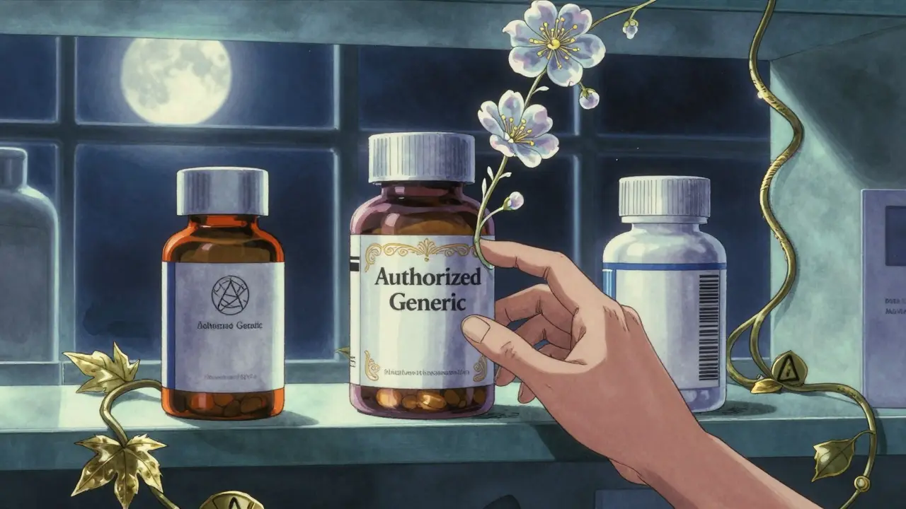 Three pill bottles on a shelf under moonlight, one labeled 'Authorized Generic' with floral tendrils touching it.