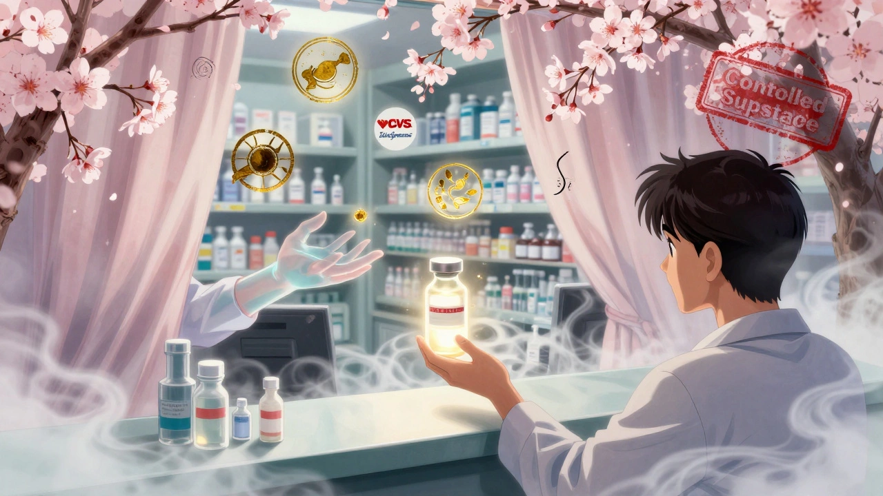 Translucent hands offering a glowing vial amid cherry blossoms and pharmacy emblems.