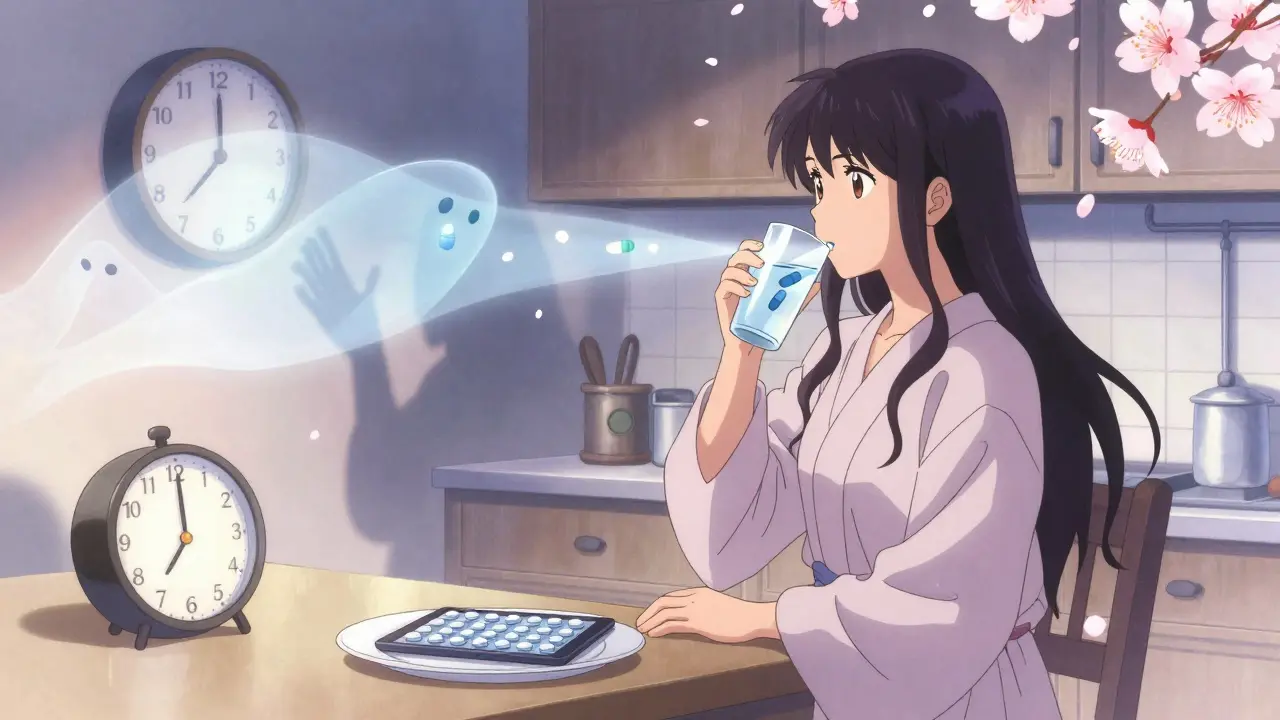 Woman taking thyroid medication at dawn, separated by time from bile acid sequestrant tablet, with floating ghost pills.