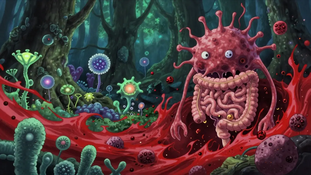 A bioluminescent gut forest destroyed by crimson antibiotics, revealing a monstrous C. difficile entity.