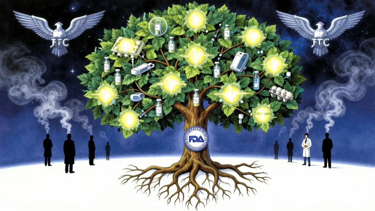 A blockchain tree with medical products as leaves, under divine light, symbolizing FDA and FTC collaboration in a surreal cosmos.