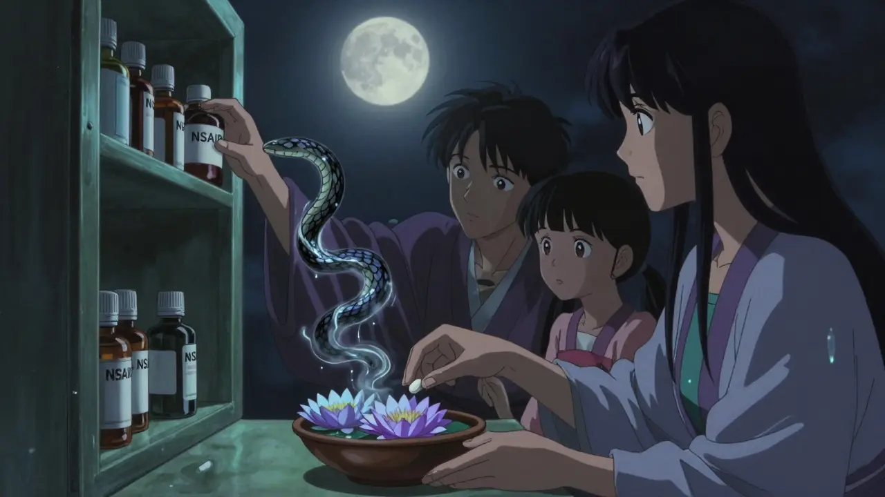 A family at a medicine cabinet, NSAID bottle turning into a fluid serpent, acetaminophen tablet beside blooming lilies.