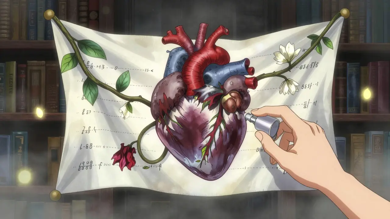 A floating medical chart with vines and blood pressure readings as leaves, wrapped around a heart in dreamlike Yoshitaka Amano art.