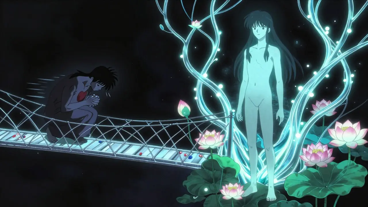 A glowing bridge connects a fearful figure to a calm one, with beta-blockers as the base and CBT vines rising into lotus flowers.