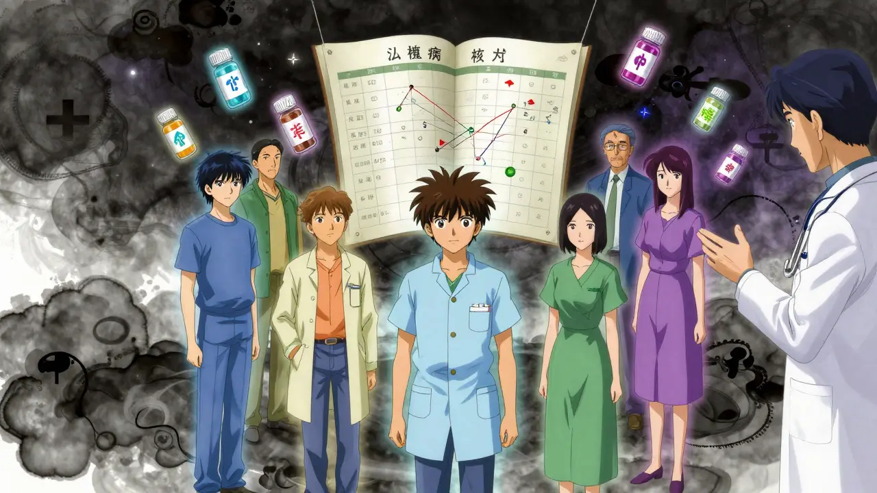 A group of advocates surrounding a floating medication chart, with pill bottles glowing in the air like celestial objects.