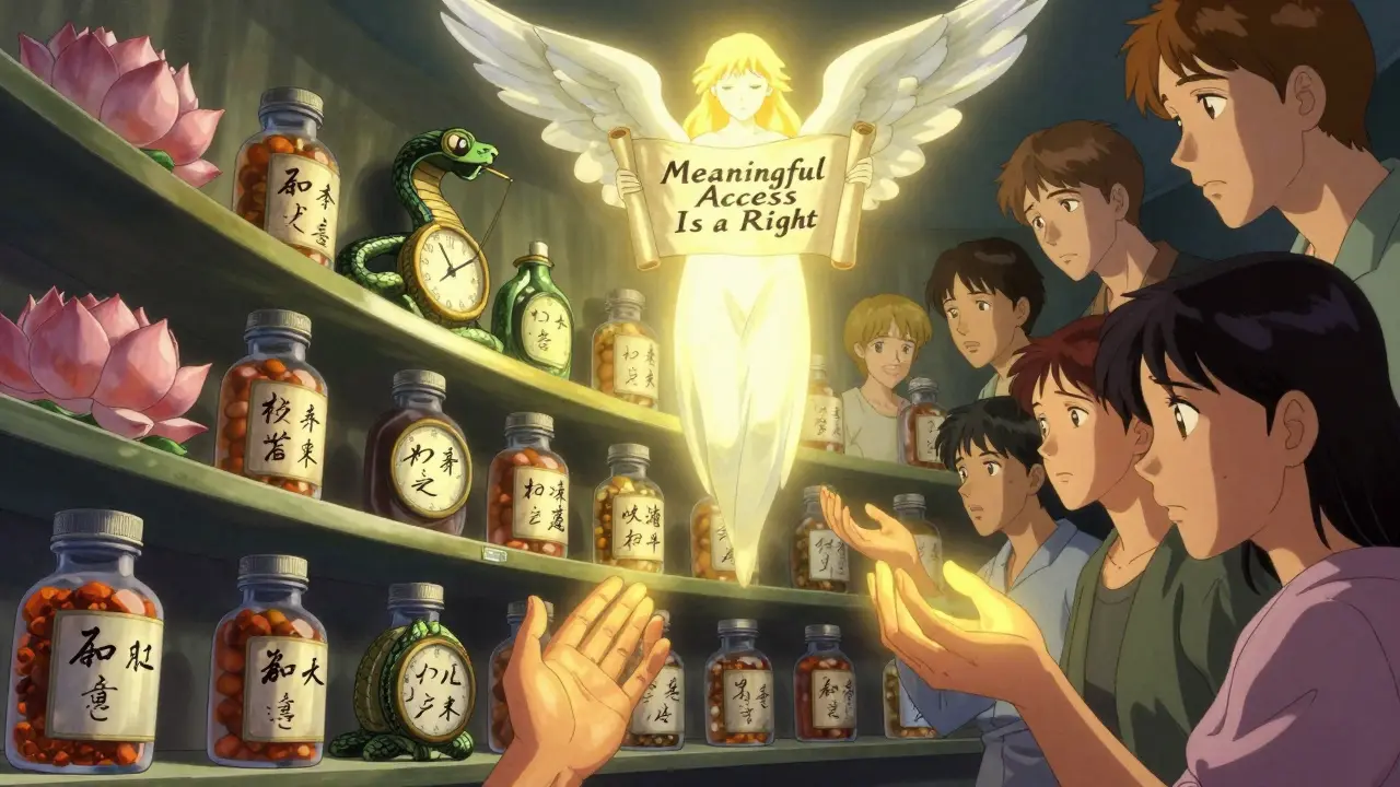 A magical pharmacy shelf with living medicine bottles and calligraphic labels under a radiant guardian figure.