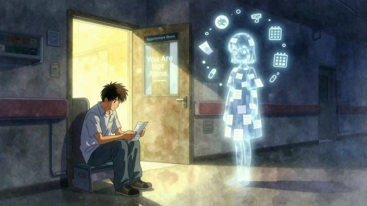 A man in a hospital hallway with a translucent female figure beside him, symbolizing remote advocacy through glowing notes and icons.